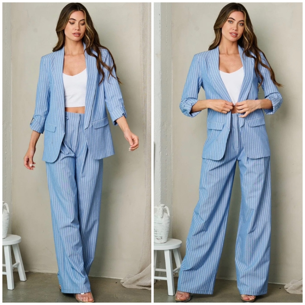OVI Denim Blue Pinstripes 2-Piece Pants Set - Picture 3 of 5